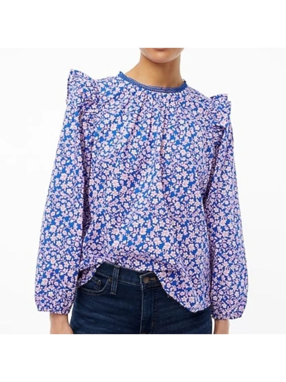 J. Crew Size S Liberty Long-Sleeve Ruffle-Shoulder Top Lace Neckline Pintucked